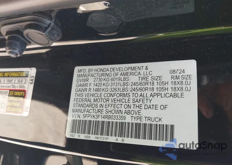 2024 Honda Ridgeline Sport z USA, uszkodzony, nr VIN 5FPYK3F14RB033359